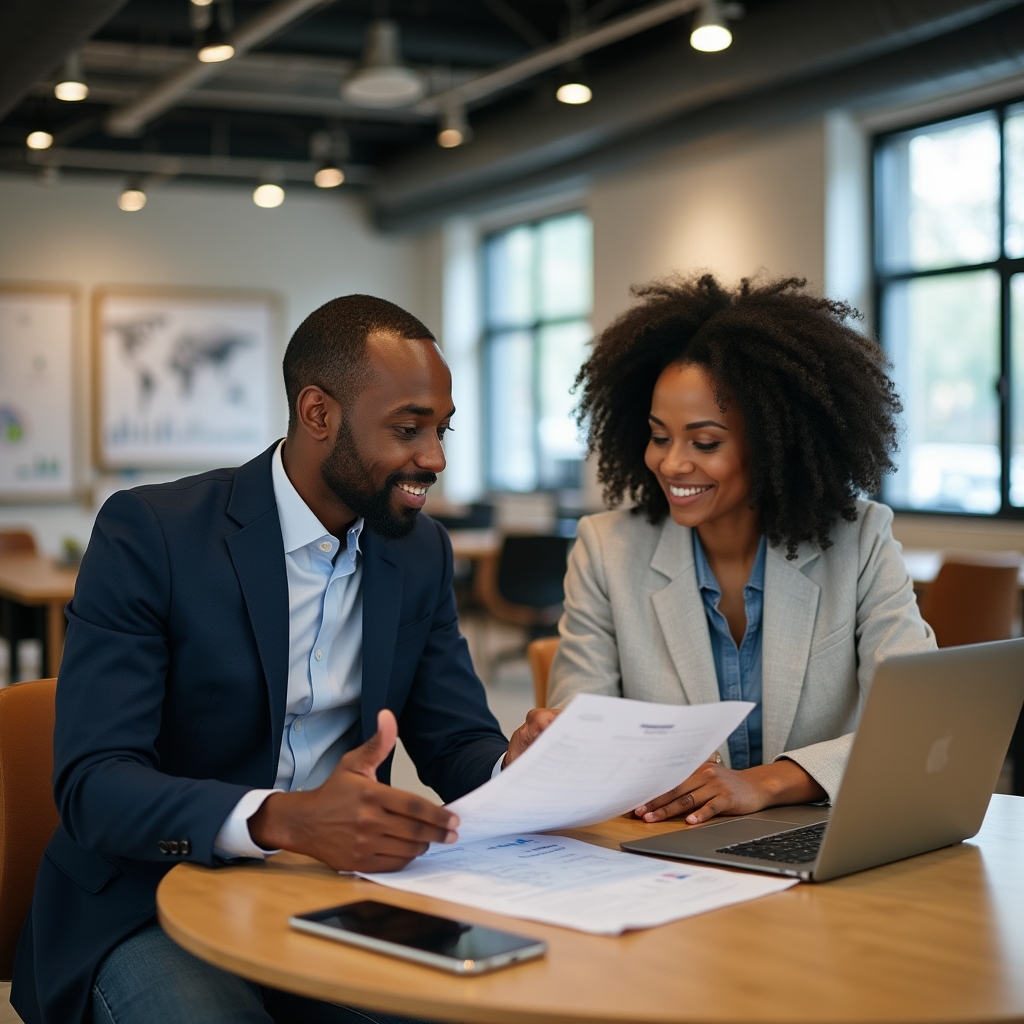 Ethiopian-American community members discussing digital finance options in a professional setting